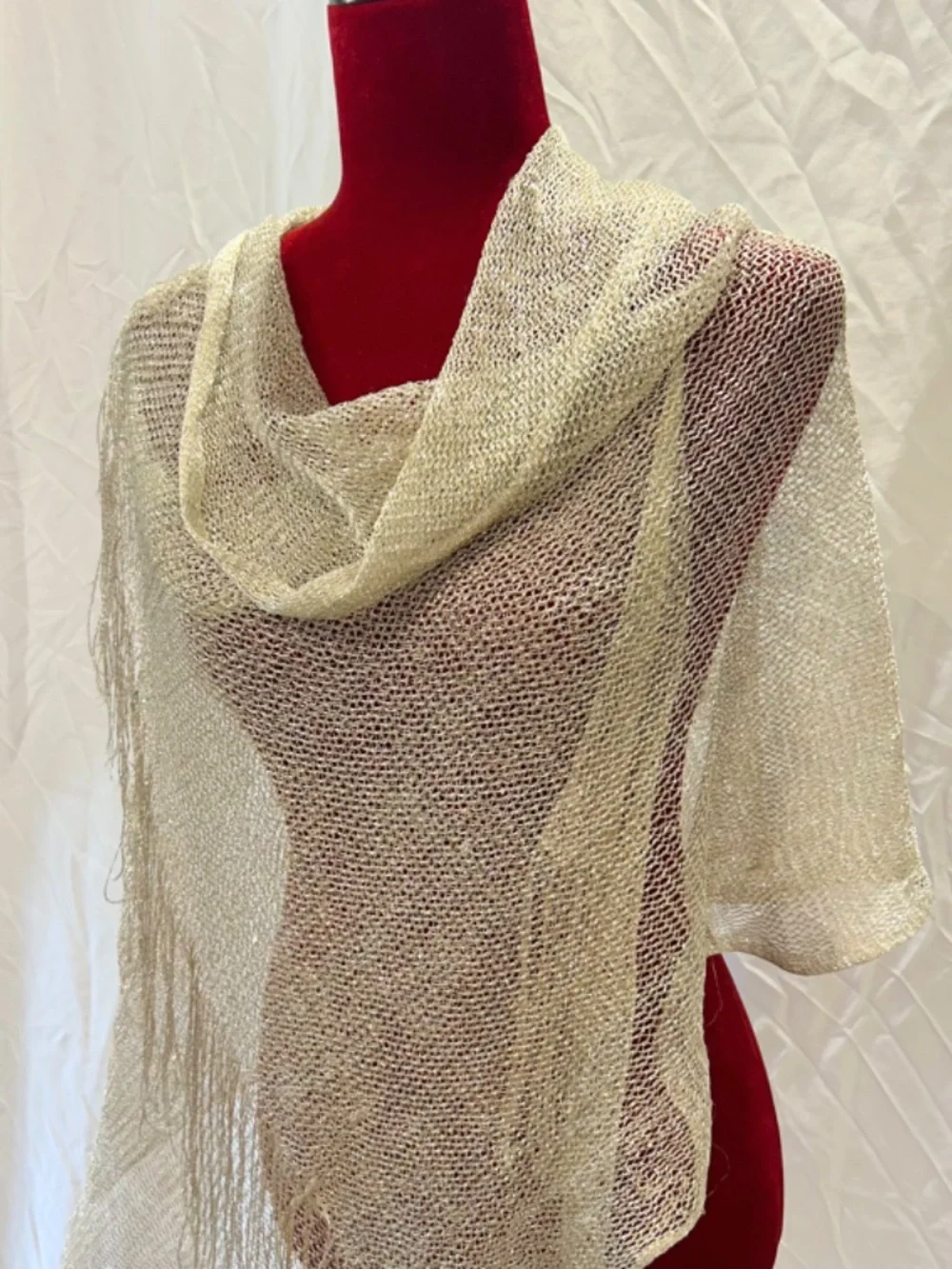 Glitter Metallic Champagne/Gold Shawl Wrap Open Weave Fringe Evening Scarf Glam